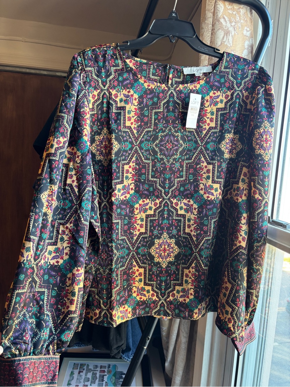 NWT LOFT Geometric Floral Print Art Deco Satin Puff-Sleeve Blouse | Women’s XXL